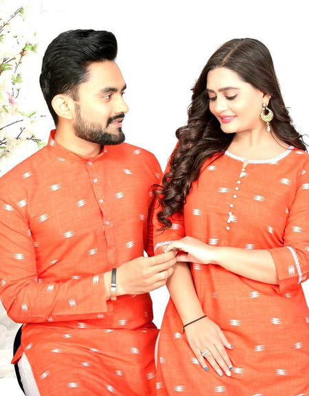 Couple wear Orange Indian Traditional Same Matching Outfits mahezon