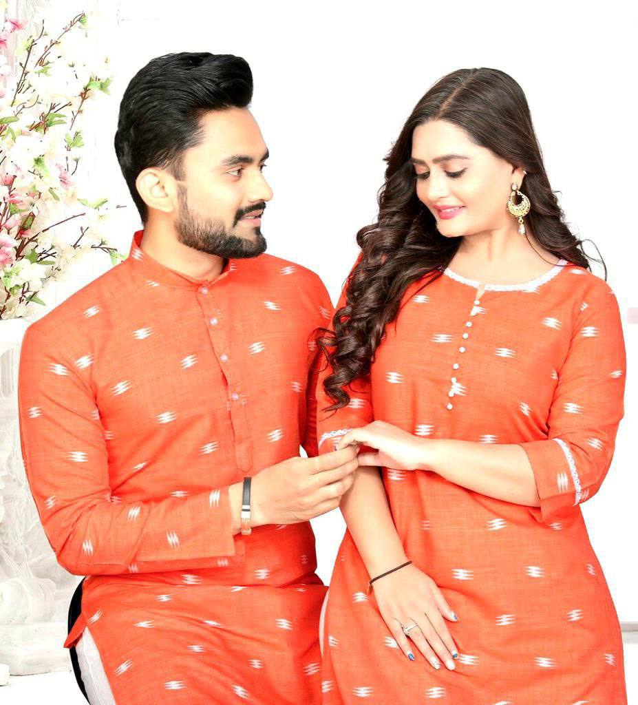 Couple wear Orange Indian Traditional Same Matching Outfits mahezon