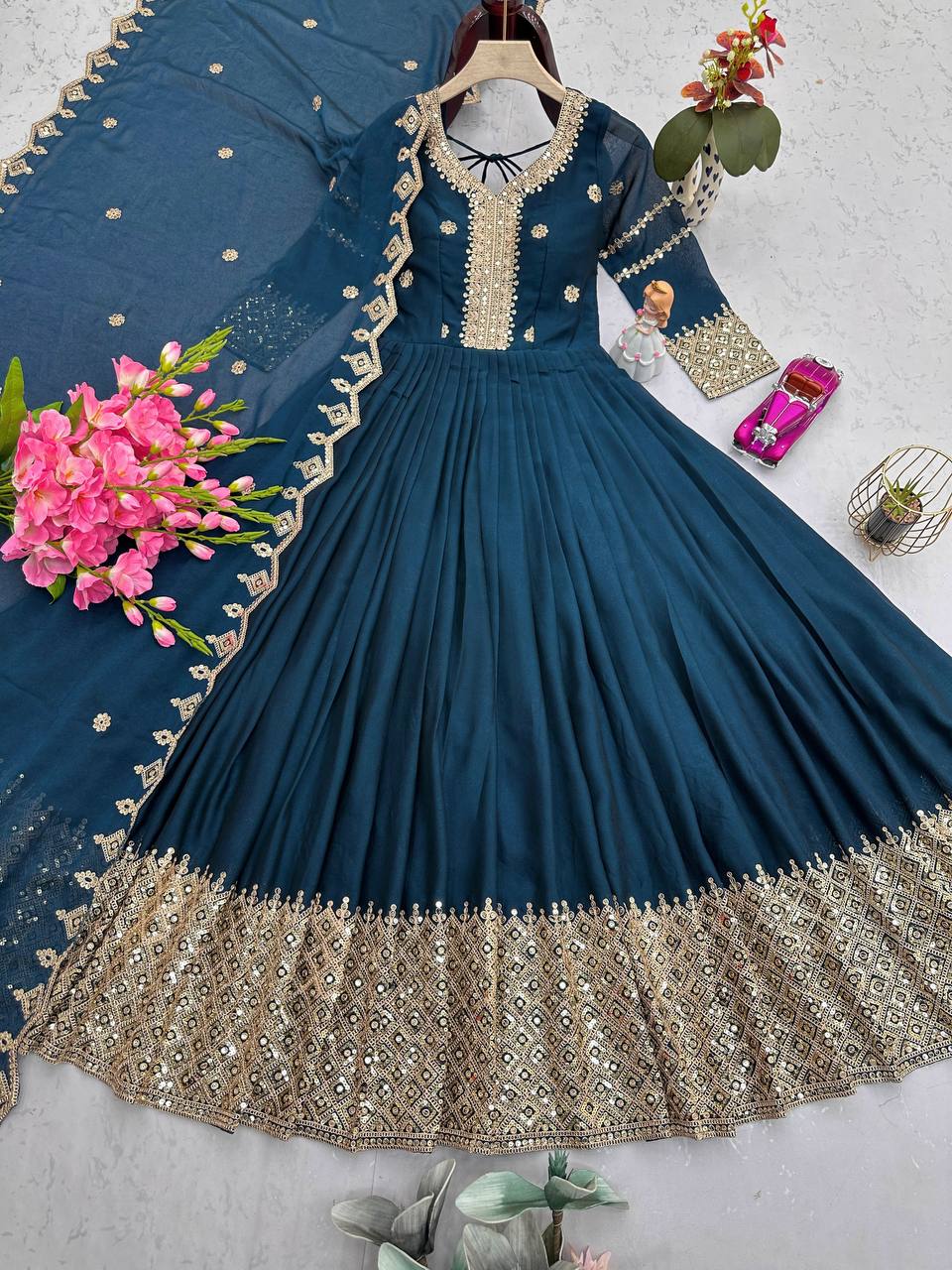 Festive Designer Embroidery  Sequin Women Gown Dupatta Dress mahezon
