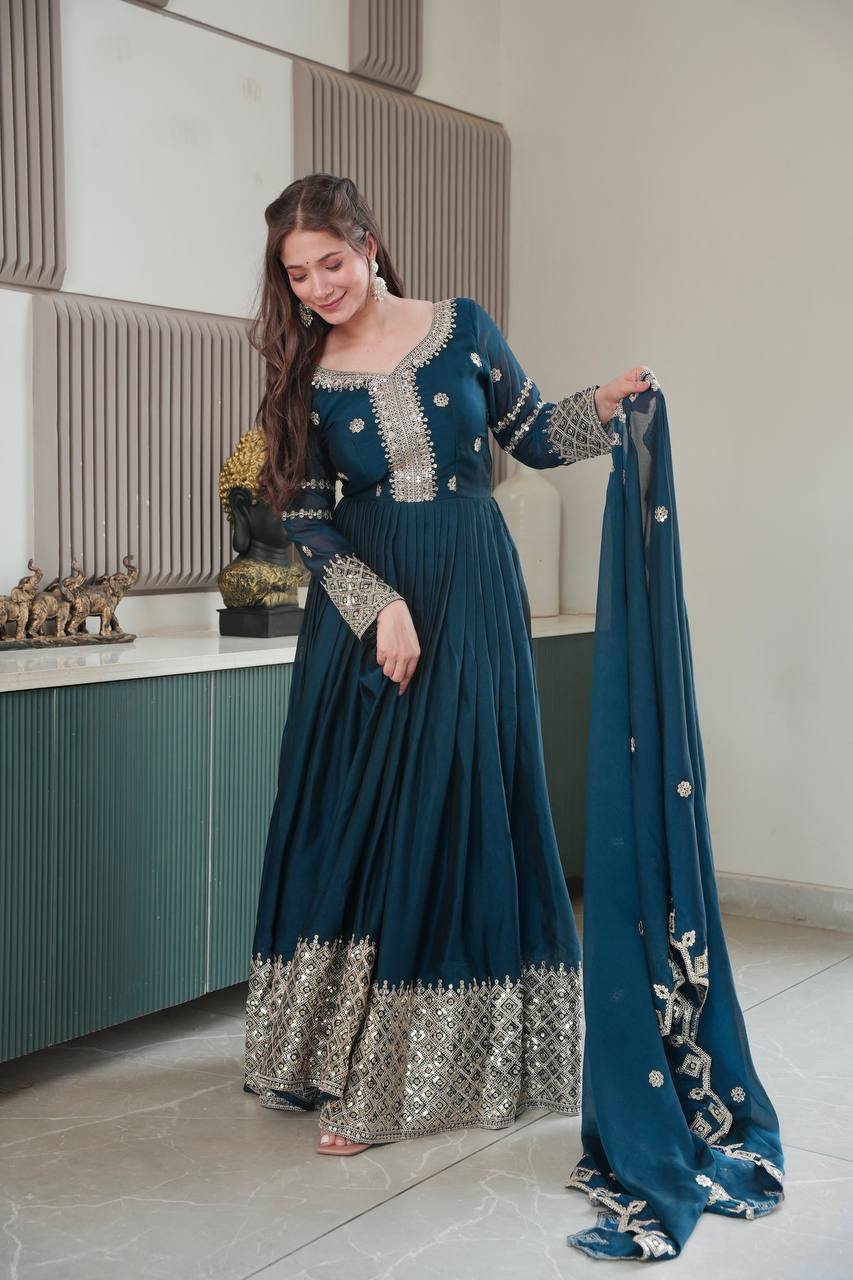 Festive Designer Embroidery  Sequin Women Gown Dupatta Dress mahezon