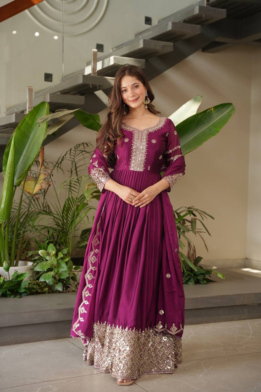 Festive Designer Embroidery  Sequin Women Gown Dupatta Dress mahezon