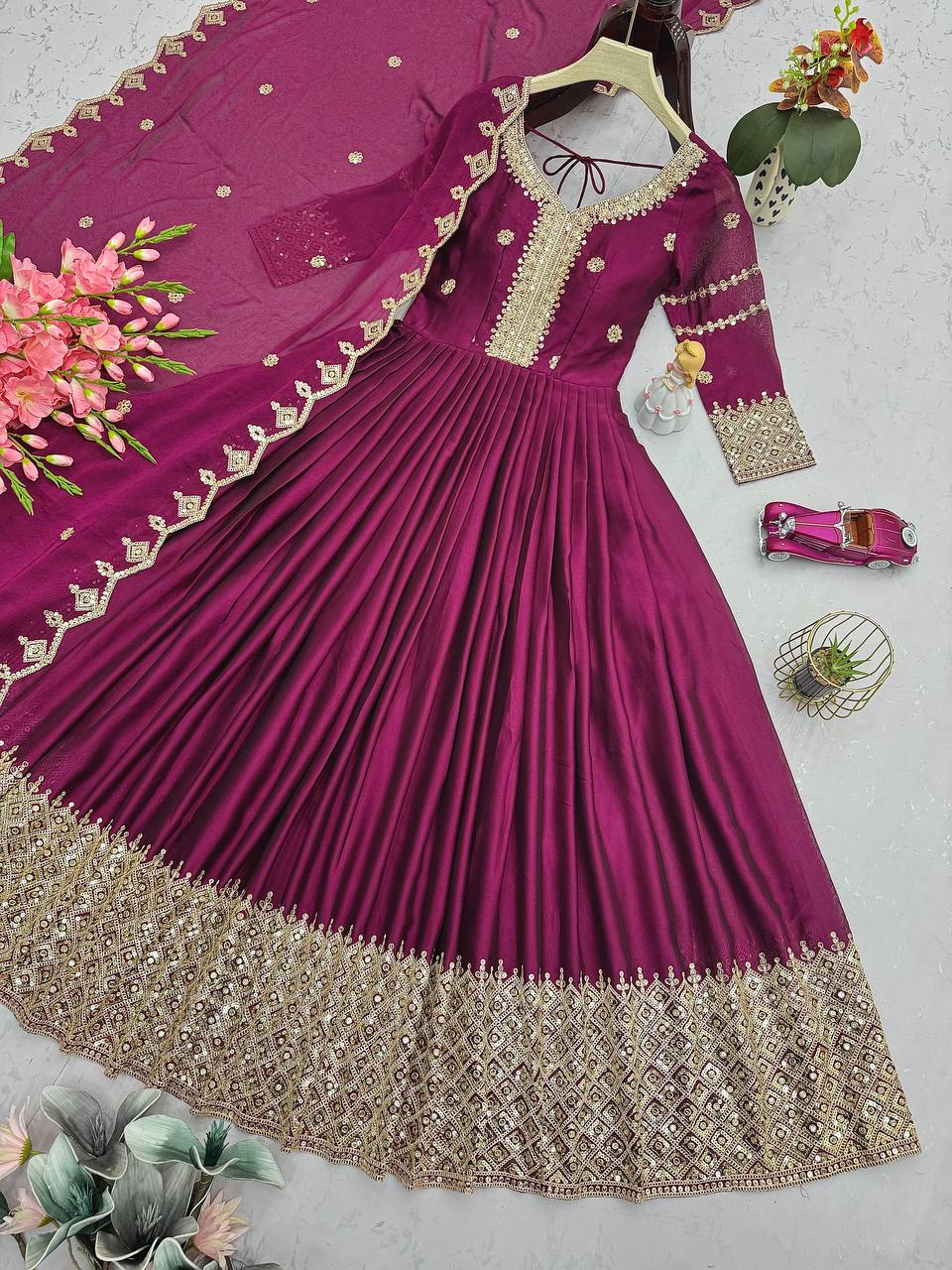 Festive Designer Embroidery  Sequin Women Gown Dupatta Dress mahezon