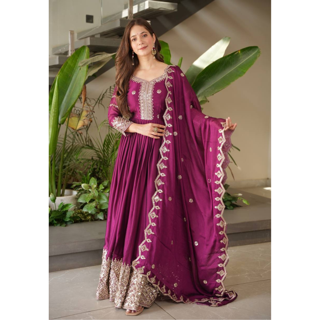Festive Designer Embroidery  Sequin Women Gown Dupatta Dress mahezon