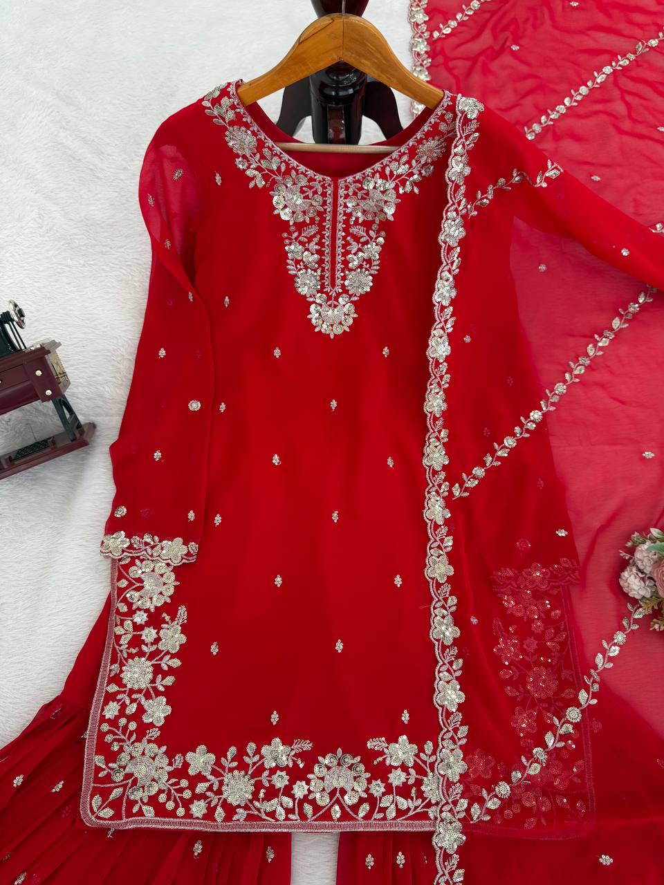 Wedding Designer Red Women Top Sharara with Dupatta Royal Export