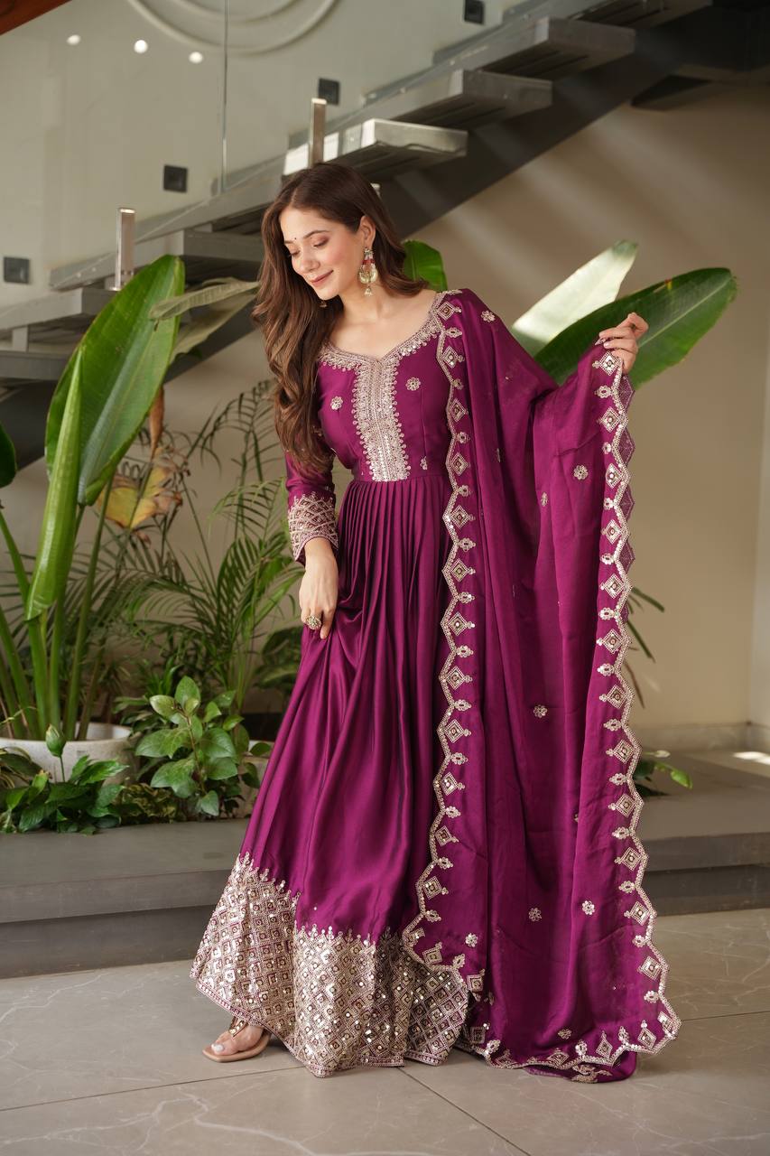 designer dupatta dress Magenta Color Designer Anarkali Dress In Chinon With Digital Printed Dupatta