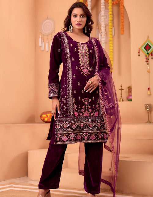 Load image into Gallery viewer, Designer Velvet Embroidery Women Top Pant Dupatta Suit Royal Export

