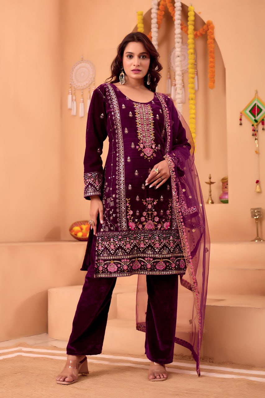 Designer Velvet Embroidery Women Top Pant Dupatta Suit Royal Export