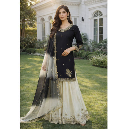 Festive Embroidered Sequence Women Top Palazzo Dupatta Suit Dress mahezon