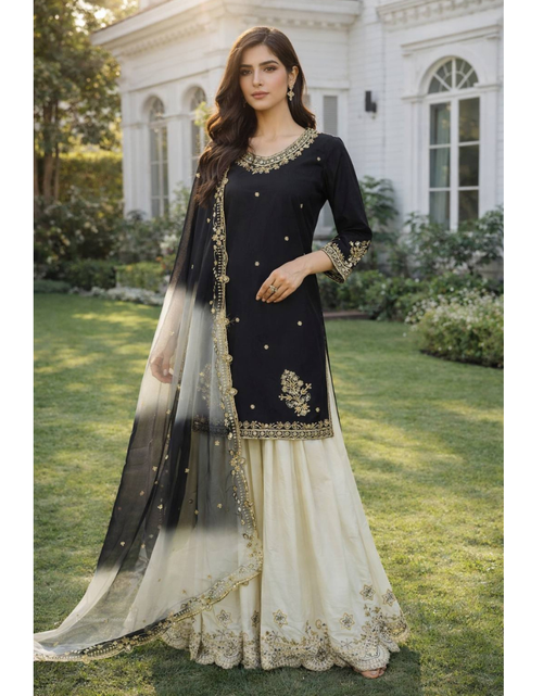 Load image into Gallery viewer, Festive Embroidered Sequence Women Top Palazzo Dupatta Suit Dress mahezon
