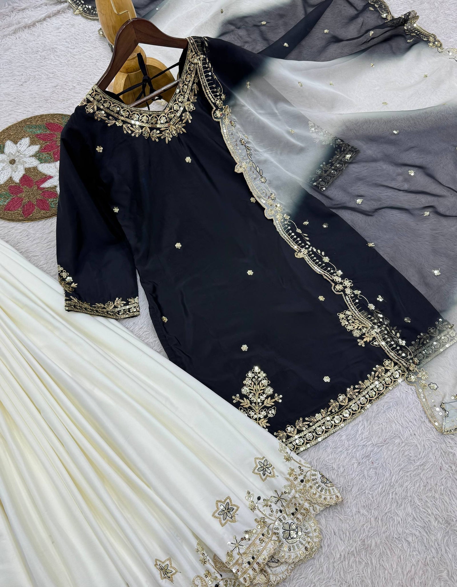 Festive Embroidered Sequence Women Top Palazzo Dupatta Suit Dress mahezon