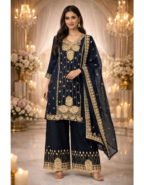 Load image into Gallery viewer, Party Wear Embroidered Women Top Palazzo Dupatta Suit Dress mahezon
