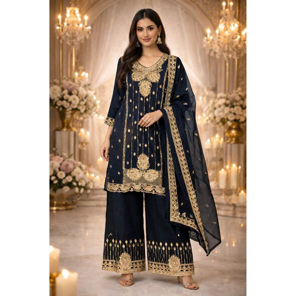 Party Wear Embroidered Women Top Palazzo Dupatta Suit Dress mahezon
