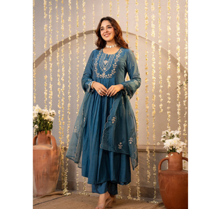 Festive Embroidery Chanderi Silk Women Kurti Pant with Dupatta Set  mahezon