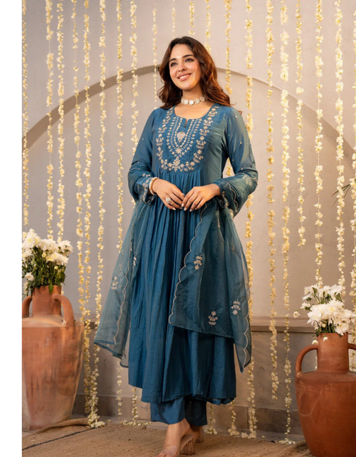 Load image into Gallery viewer, Festive Embroidery Chanderi Silk Women Kurti Pant with Dupatta Set  mahezon
