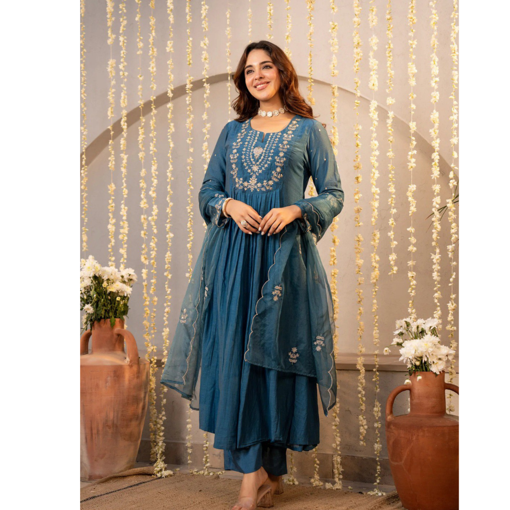 Festive Embroidery Chanderi Silk Women Kurti Pant with Dupatta Set  mahezon