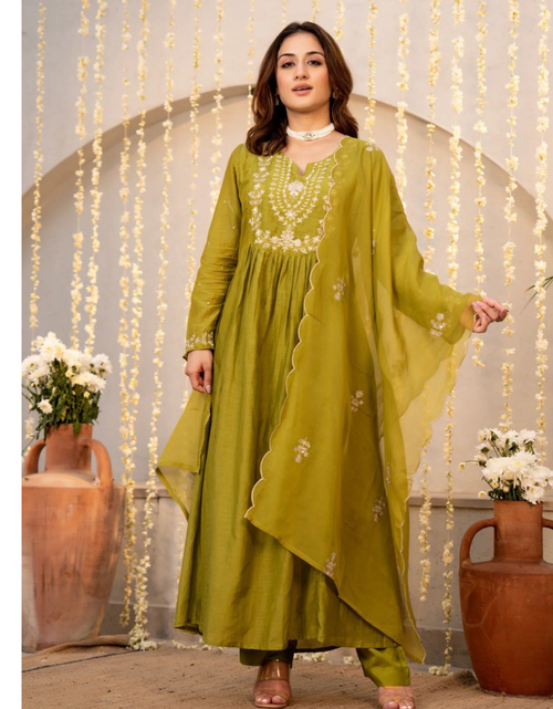 Load image into Gallery viewer, Festive Embroidery Chanderi Silk Women Kurti Pant with Dupatta Set mahezon
