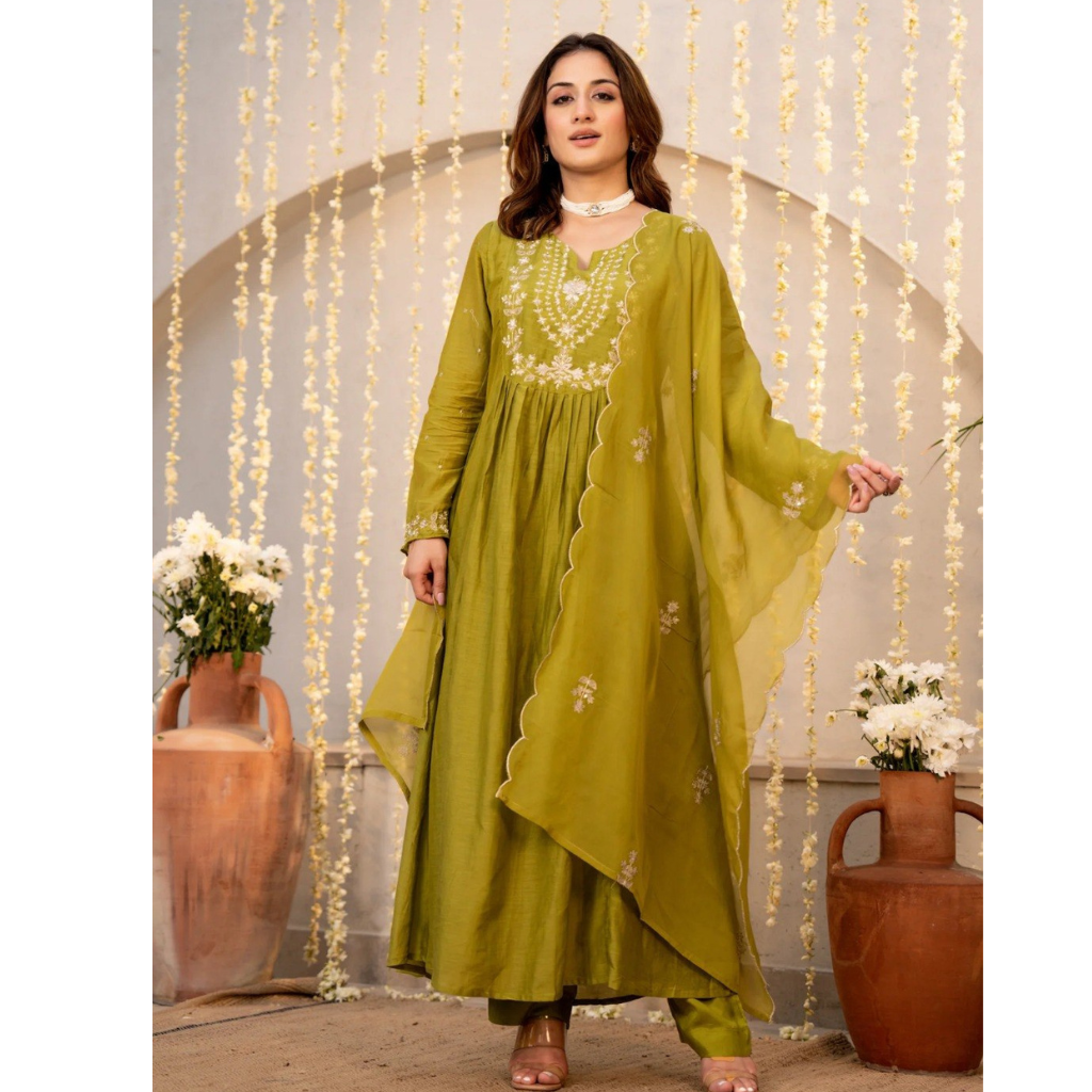 Festive Embroidery Chanderi Silk Women Kurti Pant with Dupatta Set mahezon