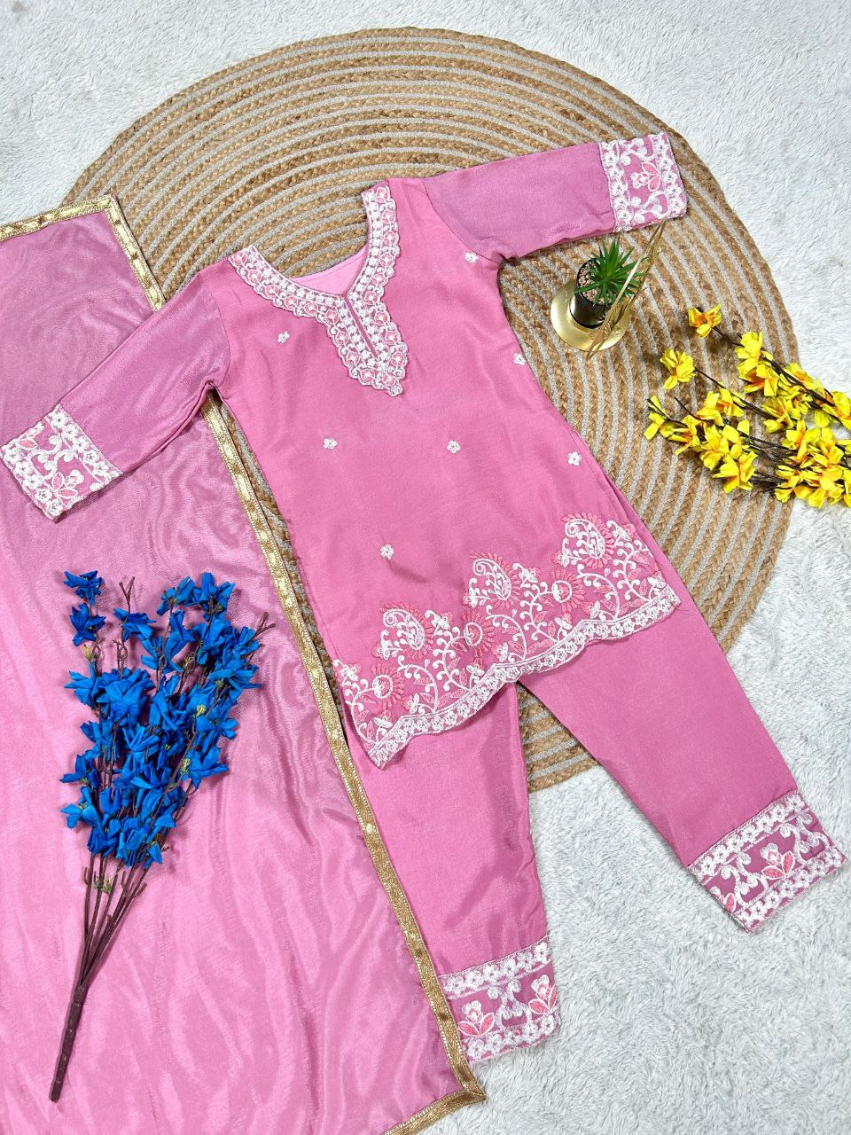 Festive Embroidery Kid Girl Kurti Palazzo with Dupatta Suit mahezon