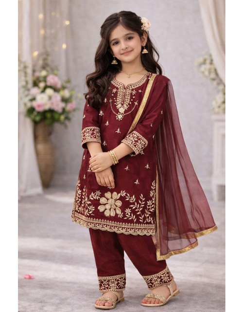 Load image into Gallery viewer, Festive Embroidery Sequence Kid Girl Kurti Palazzo with Dupatta Suit mahezon
