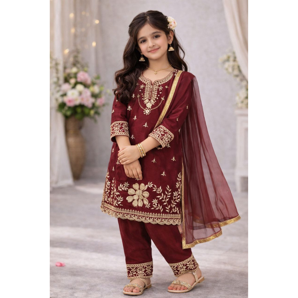 Festive Embroidery Sequence Kid Girl Kurti Palazzo with Dupatta Suit mahezon