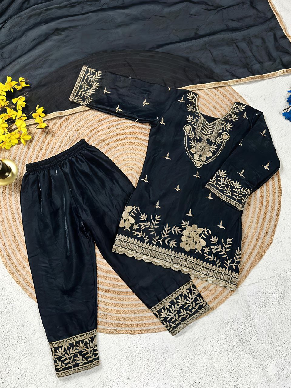 Festive Embroidery Sequence Kid Girl Kurti Palazzo with Dupatta Suit mahezon