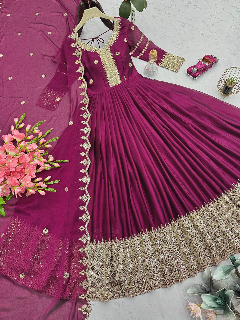 Festive Designer Embroidery  Sequin Women Gown Dupatta Dress mahezon