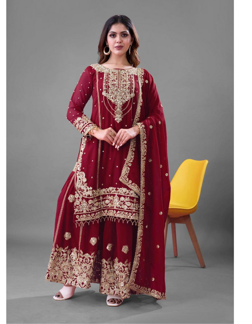 Load image into Gallery viewer, Festive Embroidery Women Top Palazzo Dupatta Suit mahezon
