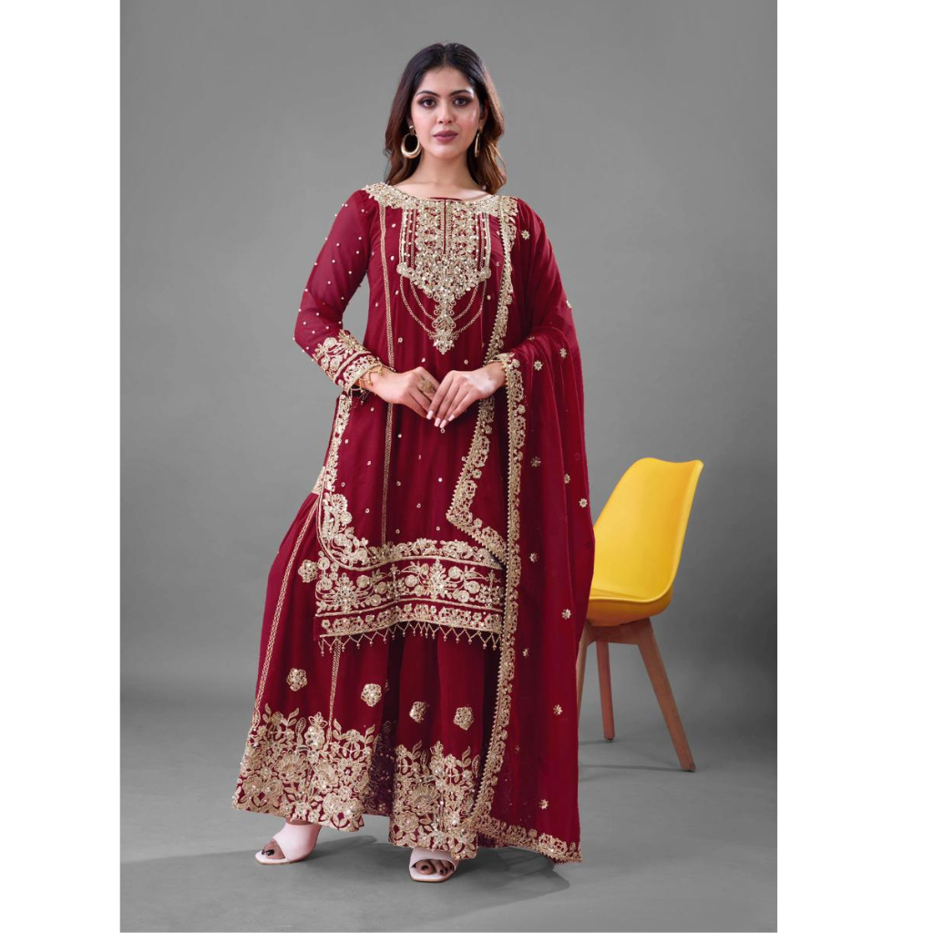 Festive Embroidery Women Top Palazzo Dupatta Suit mahezon