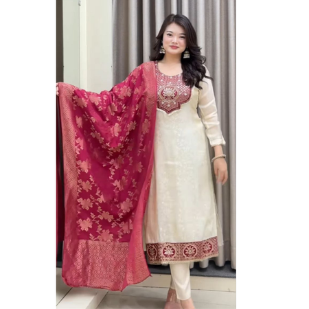 Festive Ethnic Banarasi Silk Women Kurta Pant Dupatta Suit mahezon