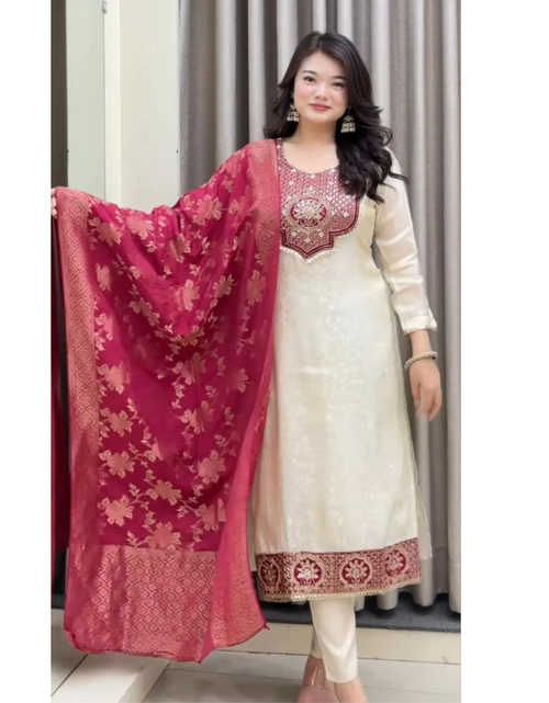 Load image into Gallery viewer, Festive Ethnic Banarasi Silk Women Kurta Pant Dupatta Suit mahezon
