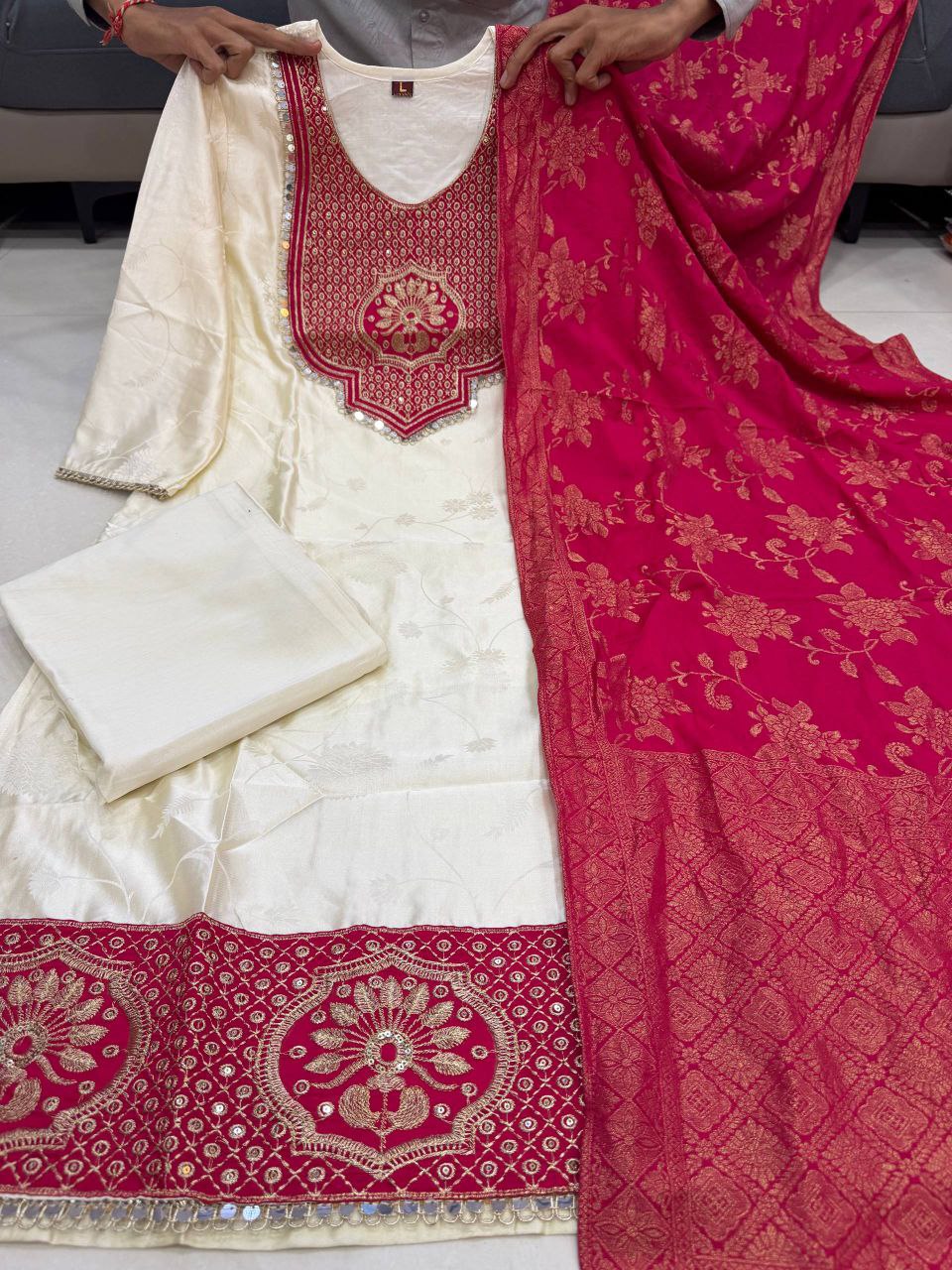 Festive Ethnic Banarasi Silk Women Kurta Pant Dupatta Suit mahezon