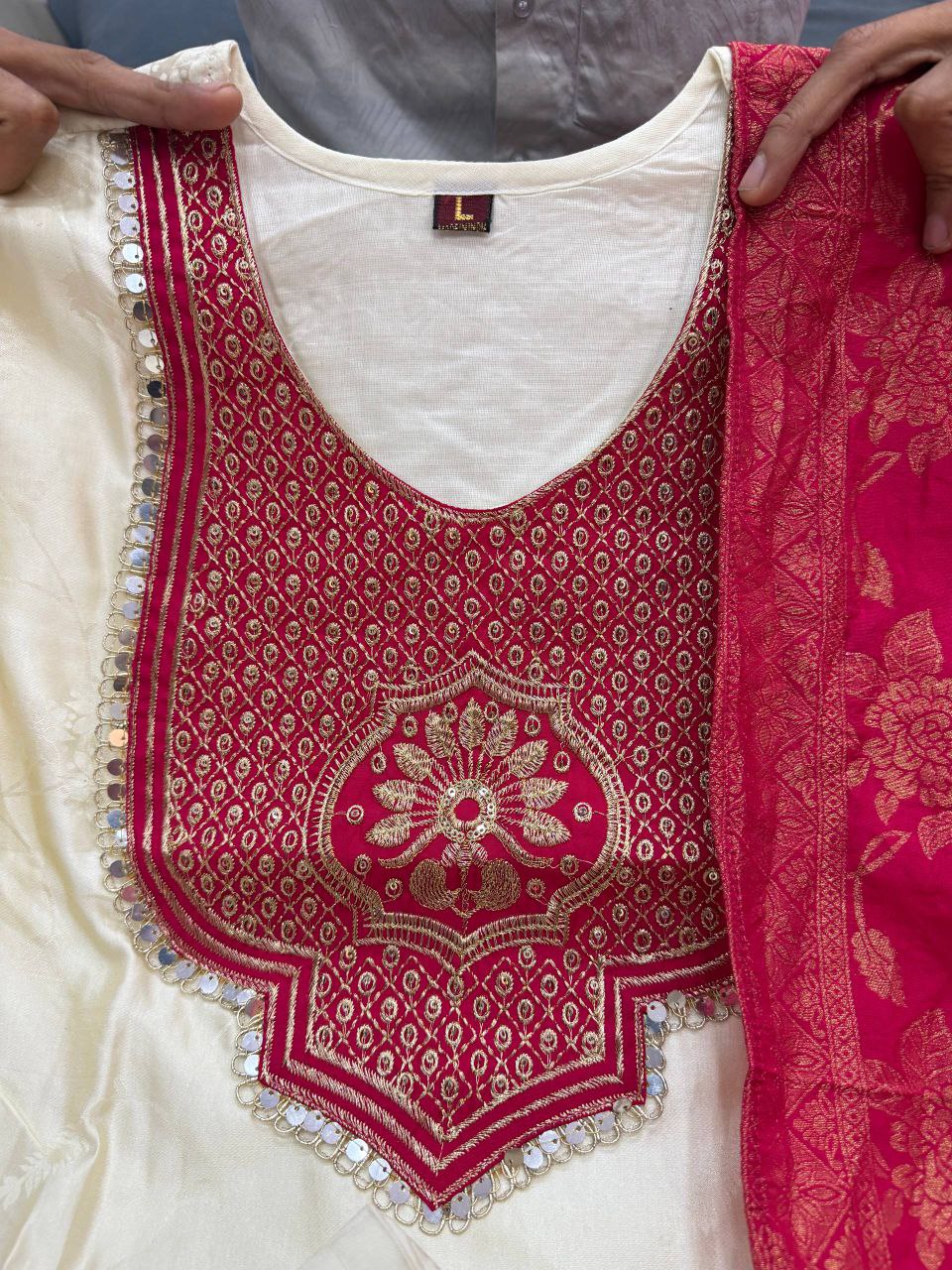 Festive Ethnic Banarasi Silk Women Kurta Pant Dupatta Suit mahezon