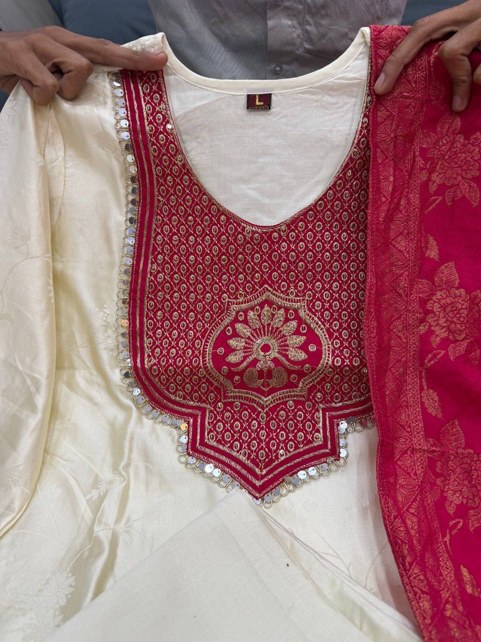 Festive Ethnic Banarasi Silk Women Kurta Pant Dupatta Suit mahezon