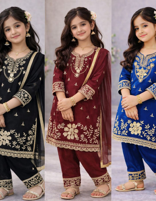 Load image into Gallery viewer, Festive Embroidery Sequence Kid Girl Kurti Palazzo with Dupatta Suit mahezon
