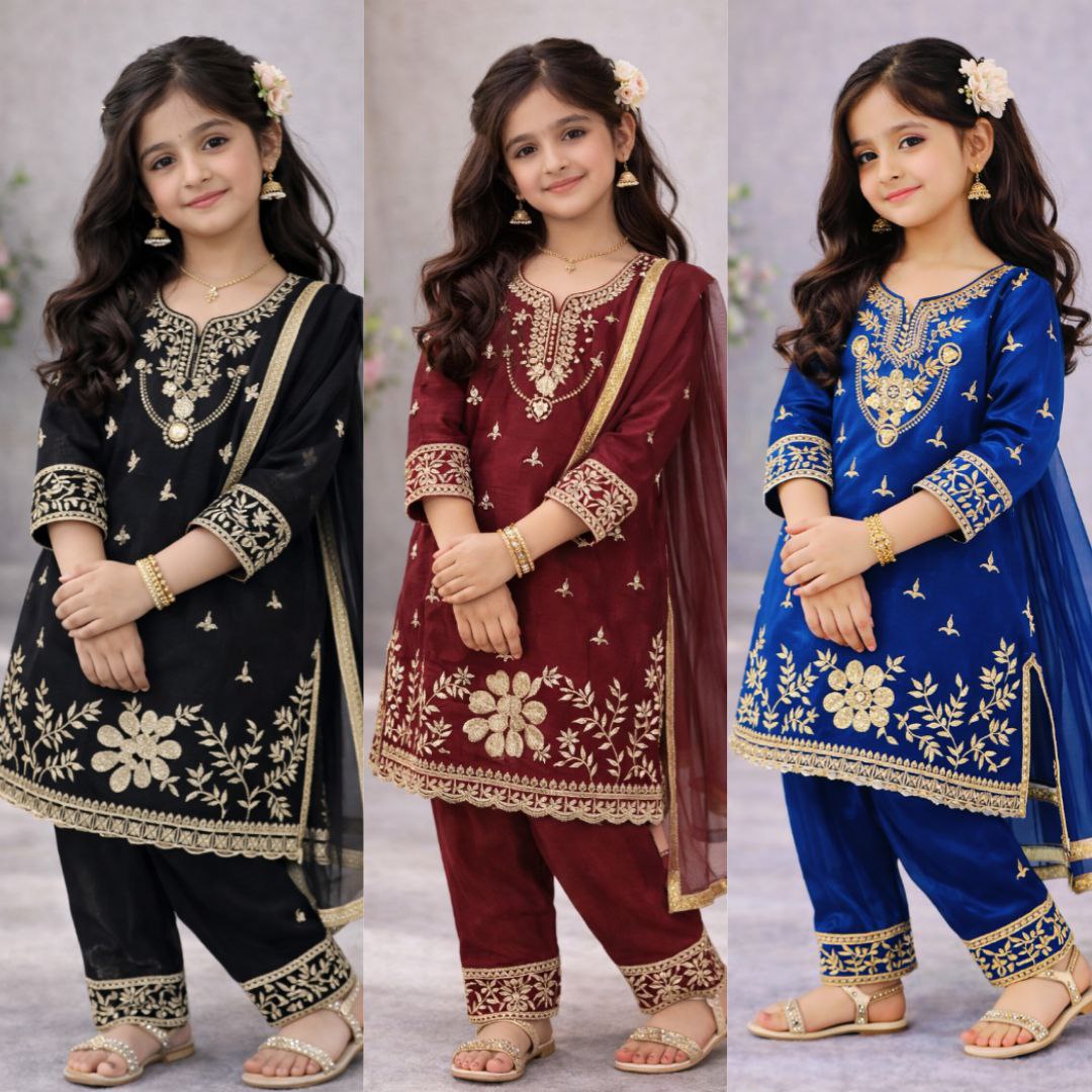 Festive Embroidery Sequence Kid Girl Kurti Palazzo with Dupatta Suit mahezon