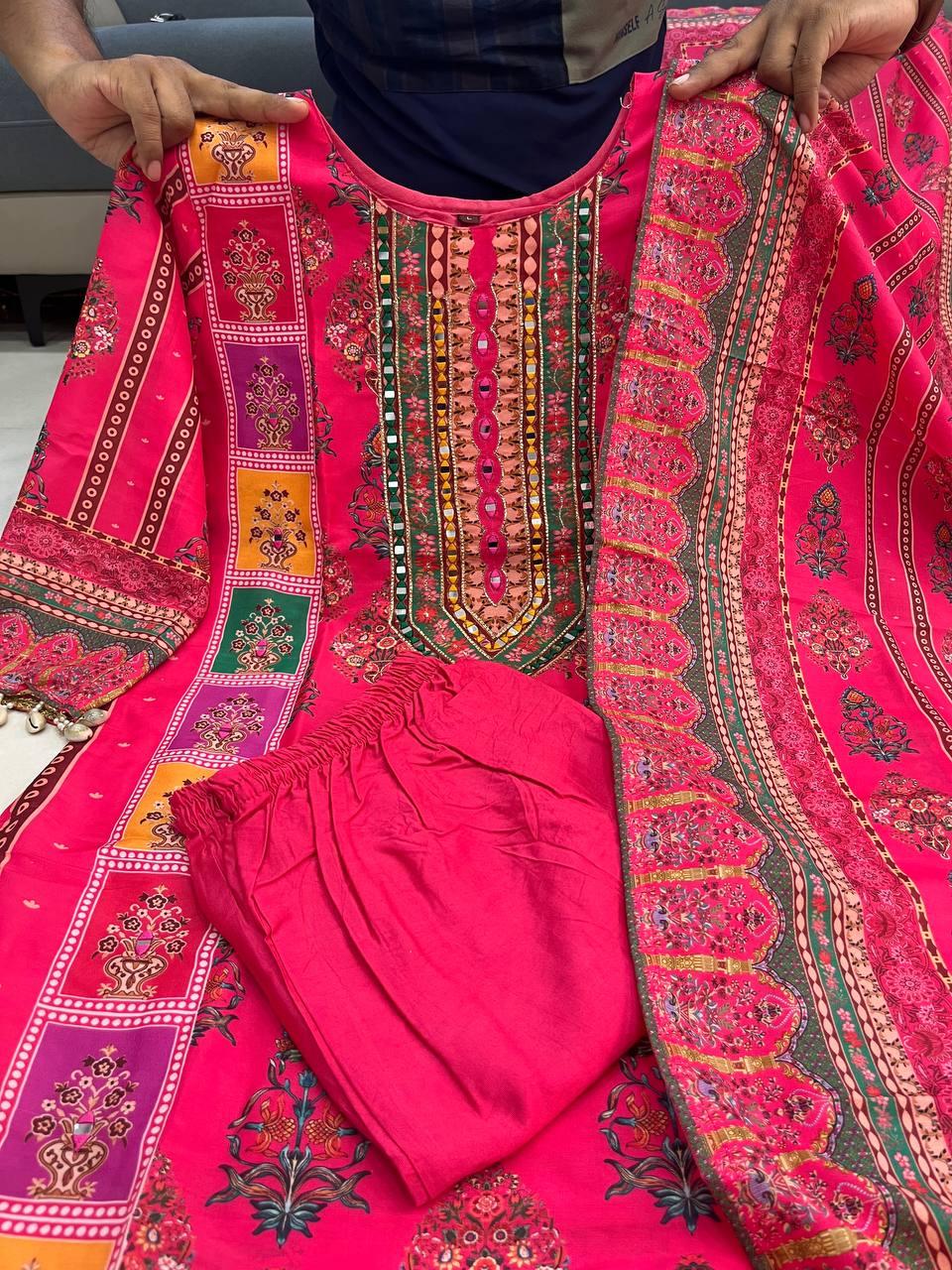 Festive Floral Pink Women’s Kurti Pent Dupatta Set mahezon