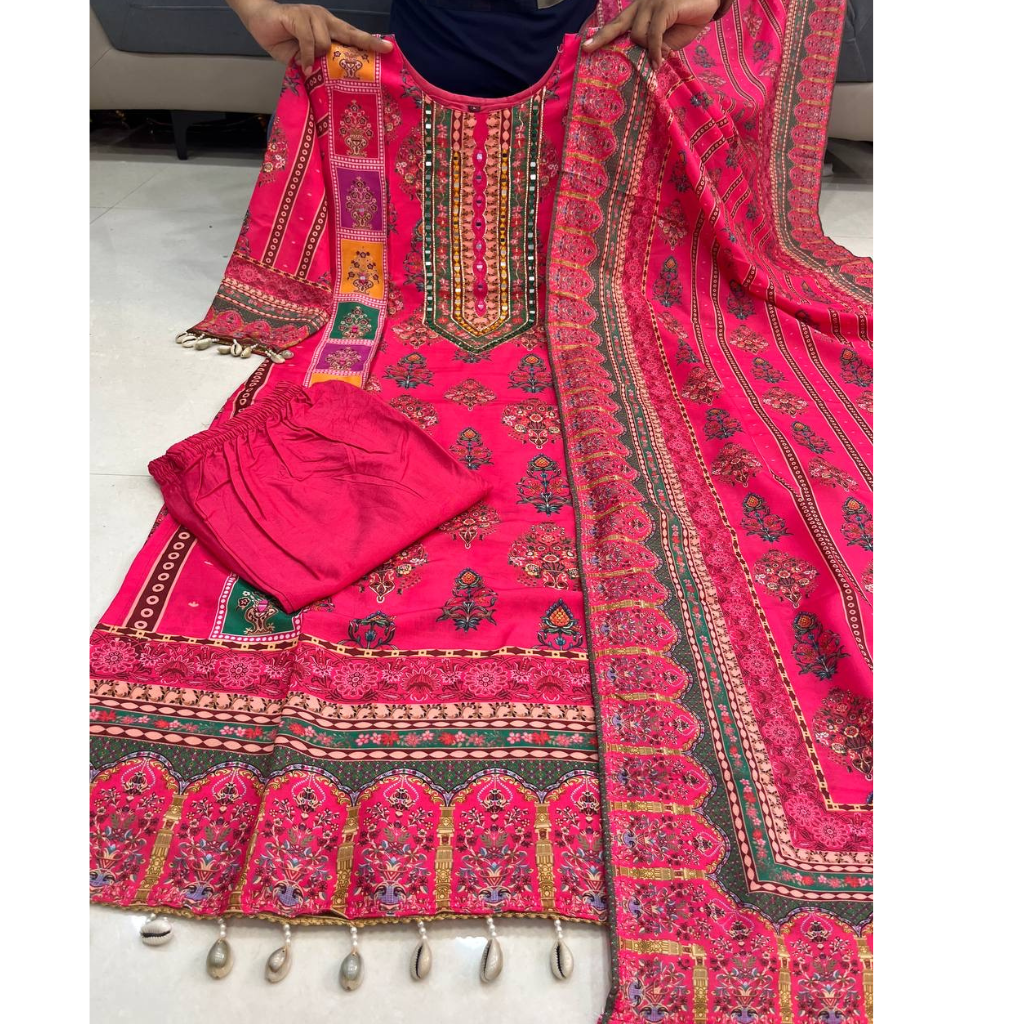 Festive Floral Pink Women’s Kurti Pent Dupatta Set mahezon