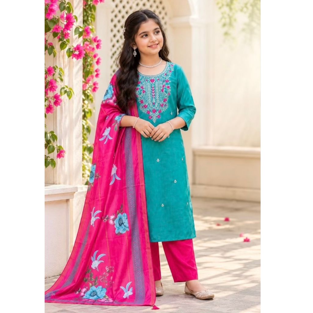 A young girl modeling a traditional Indian salwar kameez set. The outfit features a teal green tunic with intricate pink and blue floral embroidery around the neckline, paired with bright pink pants and a matching pink dupatta decorated with blue and white floral motifs.