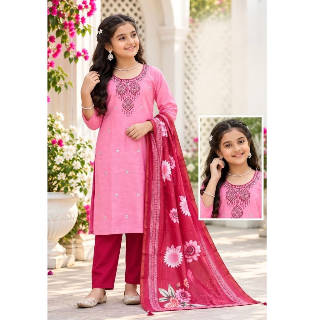 A young girl modeling a pink ethnic salwar kameez set with a matching floral dupatta, featuring an inset image showing a close-up of the embroidered neckline.