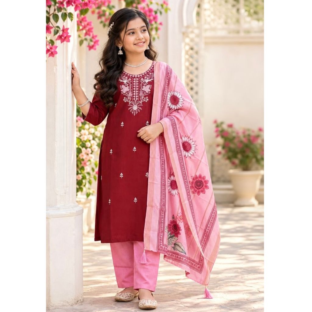 A young girl modeling a traditional Indian salwar kameez suit. The outfit consists of a deep maroon red tunic with white embroidery, pink pants, and a light pink dupatta with red floral patterns, set against a soft-focus outdoor background with white pillars and pink flowers.