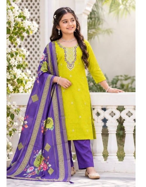 Load image into Gallery viewer, Festive Girls Silk Embroidered Kurta Pant Set with Floral Dupatta
