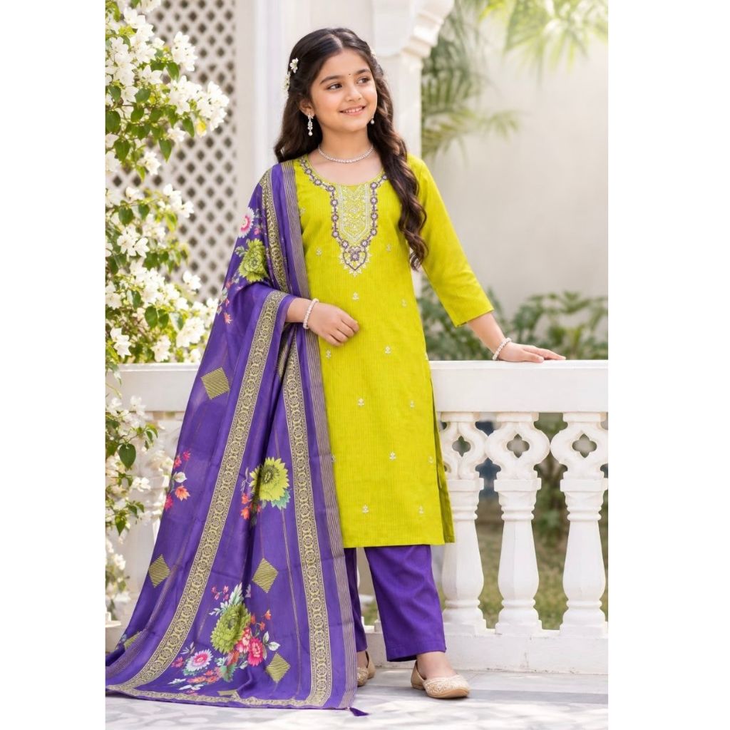 Festive Girls Silk Embroidered Kurta Pant Set with Floral Dupatta