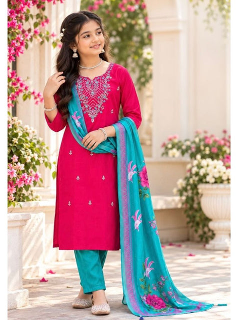 Load image into Gallery viewer, A woman modeling a bright pink salwar kameez suit with matching teal pants and a teal dupatta featuring pink floral embroidery, set against a garden courtyard background.
