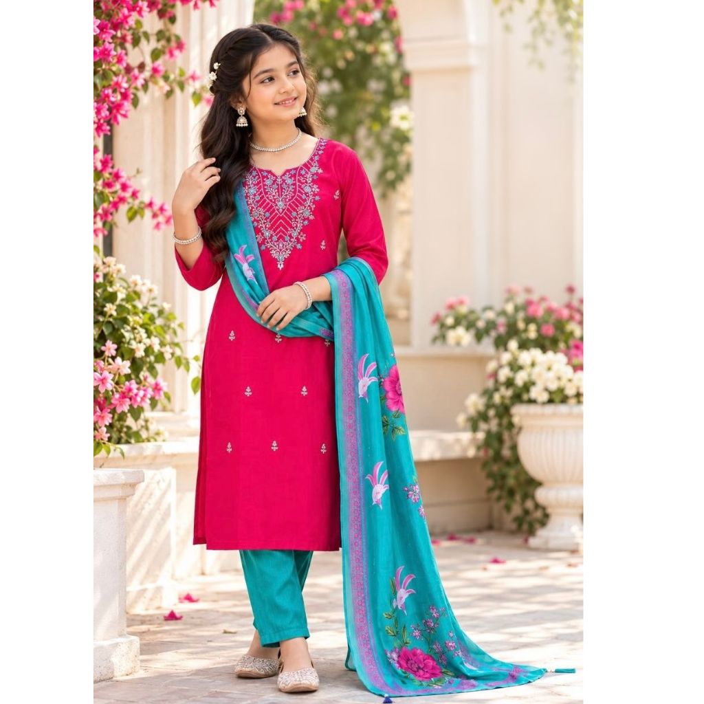 A woman modeling a bright pink salwar kameez suit with matching teal pants and a teal dupatta featuring pink floral embroidery, set against a garden courtyard background.