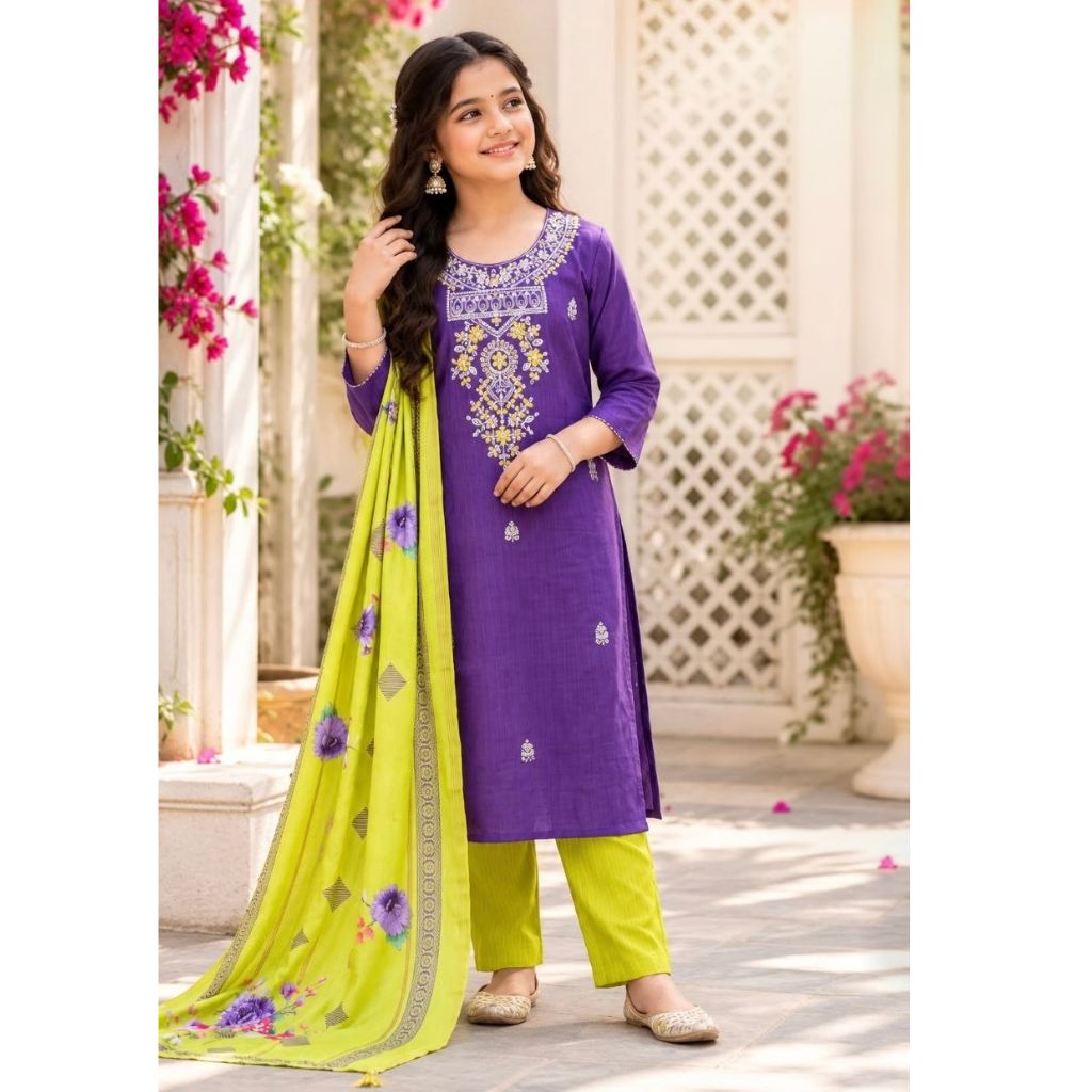 A woman models a purple salwar kameez suit with a bright lime green dupatta and matching lime green trousers, set against a traditional courtyard background.