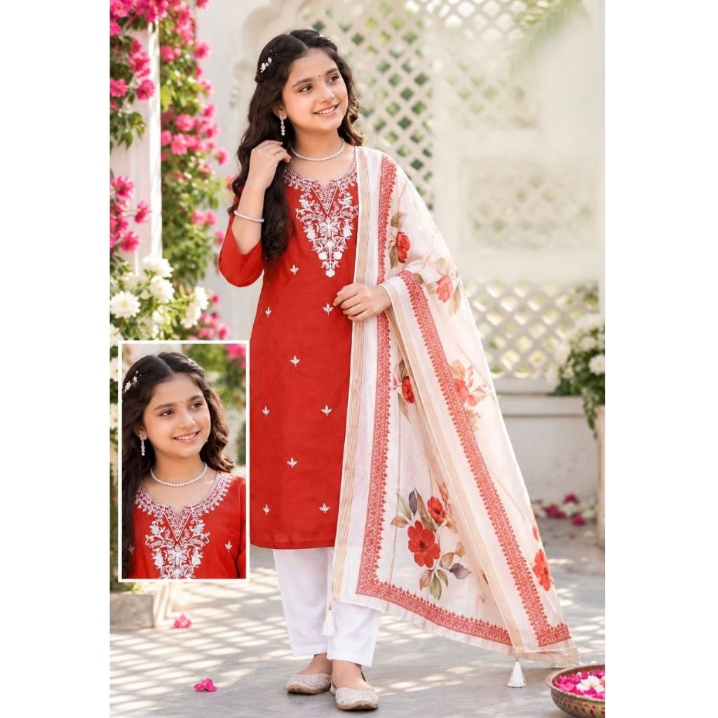 A young girl modeling a red kurta set with white pants and a white dupatta featuring red floral prints and gold embroidery. The image includes a small inset close-up of the kurta's embroidered neckline.