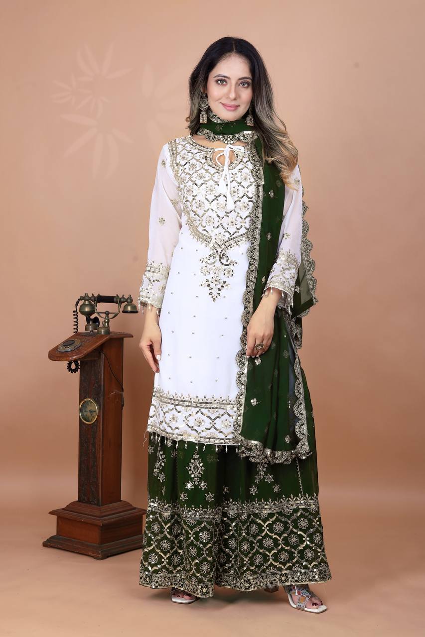 Festive  Green Women’s Top Sharara Palazzo Dupatta Suit mahezon