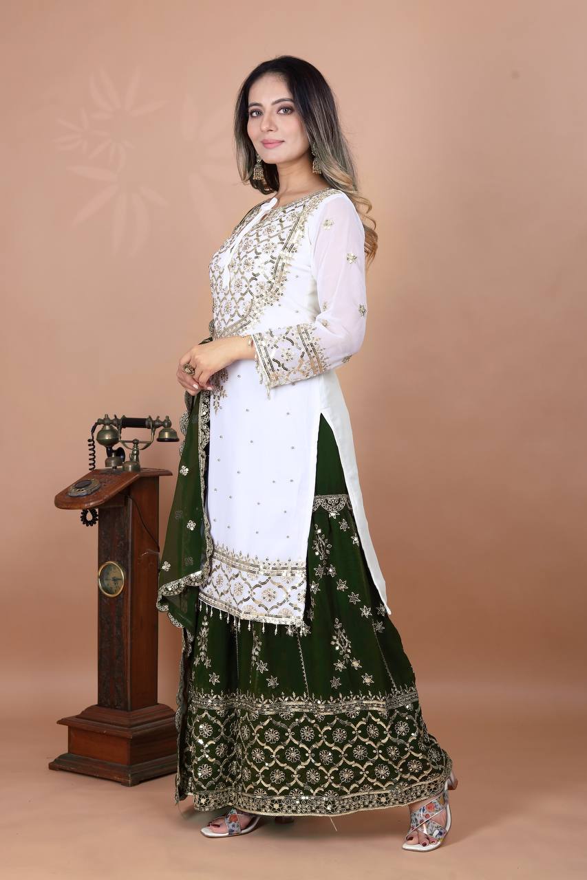 Festive  Green Women’s Top Sharara Palazzo Dupatta Suit mahezon