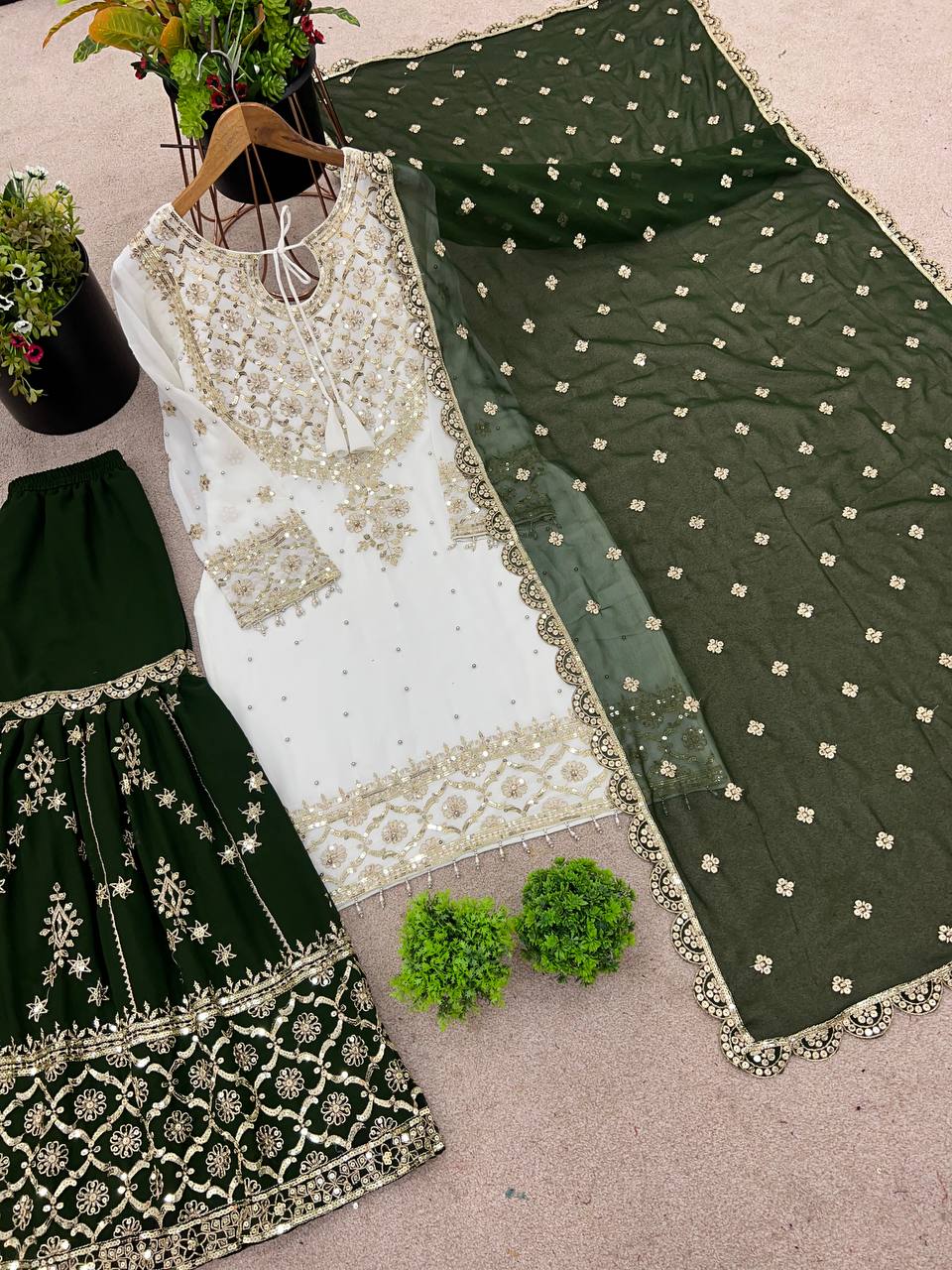 Festive  Green Women’s Top Sharara Palazzo Dupatta Suit mahezon