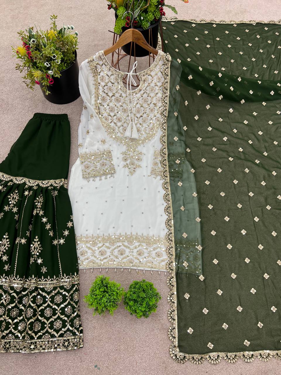 Festive  Green Women’s Top Sharara Palazzo Dupatta Suit mahezon
